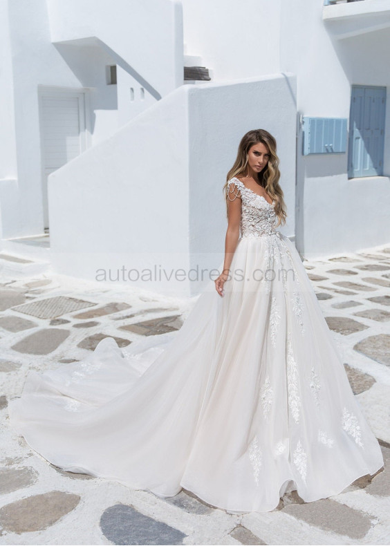 Beaded Ivory Lace Tulle Buttons Back Wedding Dress